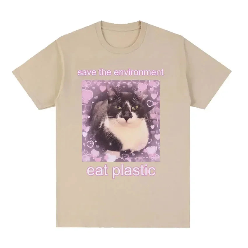 Save The Environment Eat Plastic Cute Cat Graphic T Shirt 100 Percent Cotton Oversized Tee for Men and Women