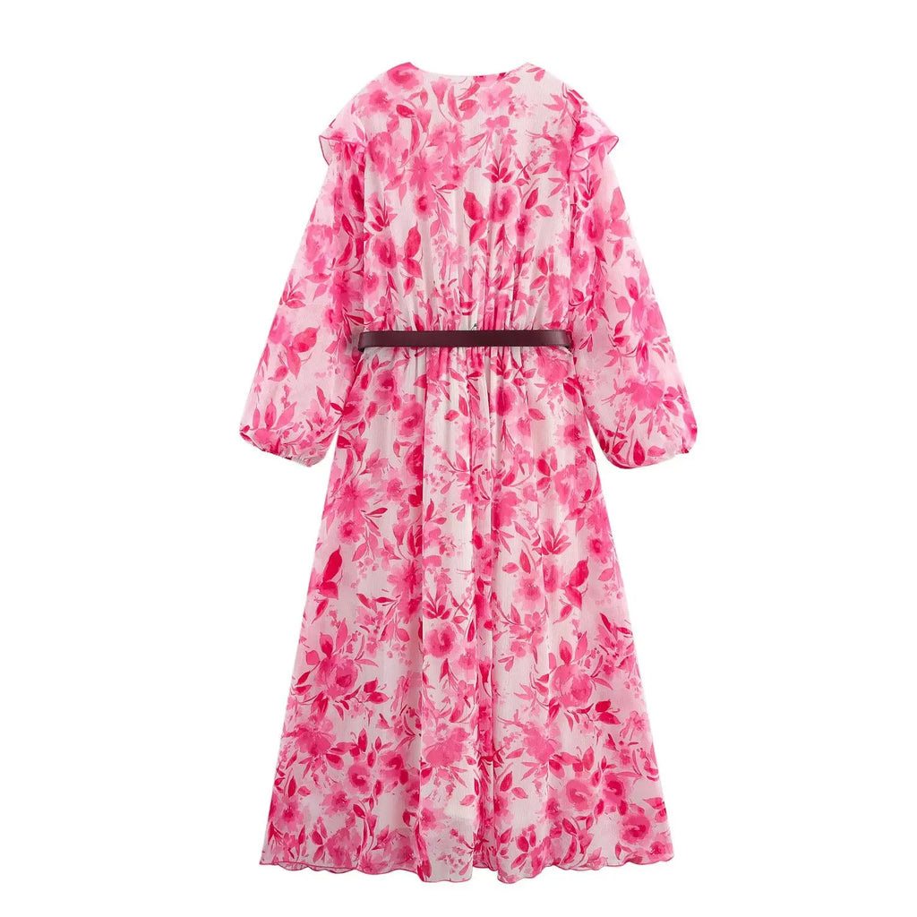 Casual V Neck Printed Belted Long Sleeve Dress For Women