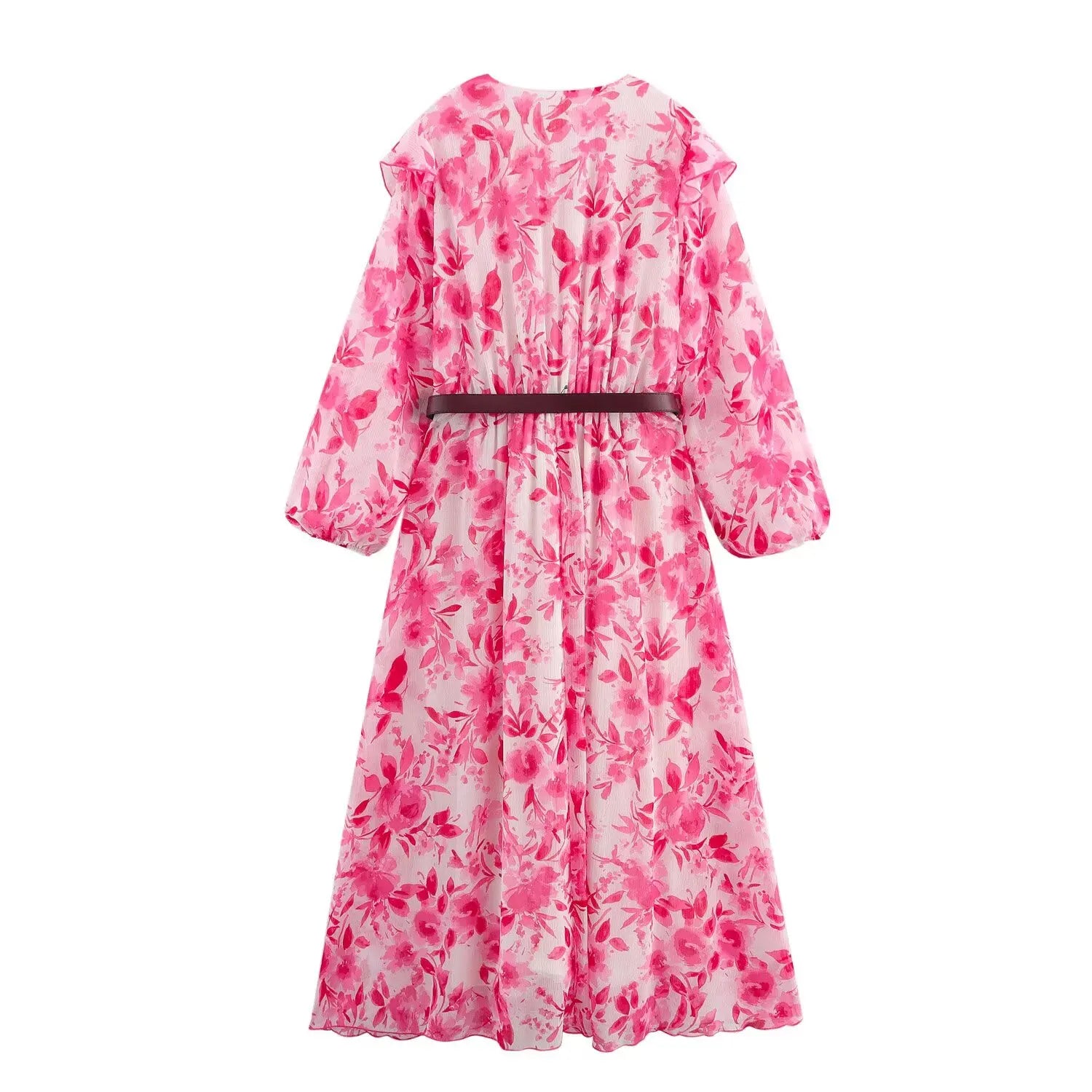 Casual V Neck Printed Belted Long Sleeve Dress For Women