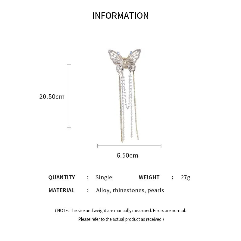 Butterfly Hair Clip With Long Tassel And Imitation Pearl Rhinestone For Elegant Women's Hair Accessories