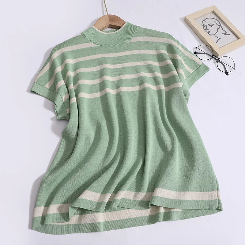 Women Knit Striped Two Piece Set Casual Short Sleeve Top and Loose Trousers Outfit