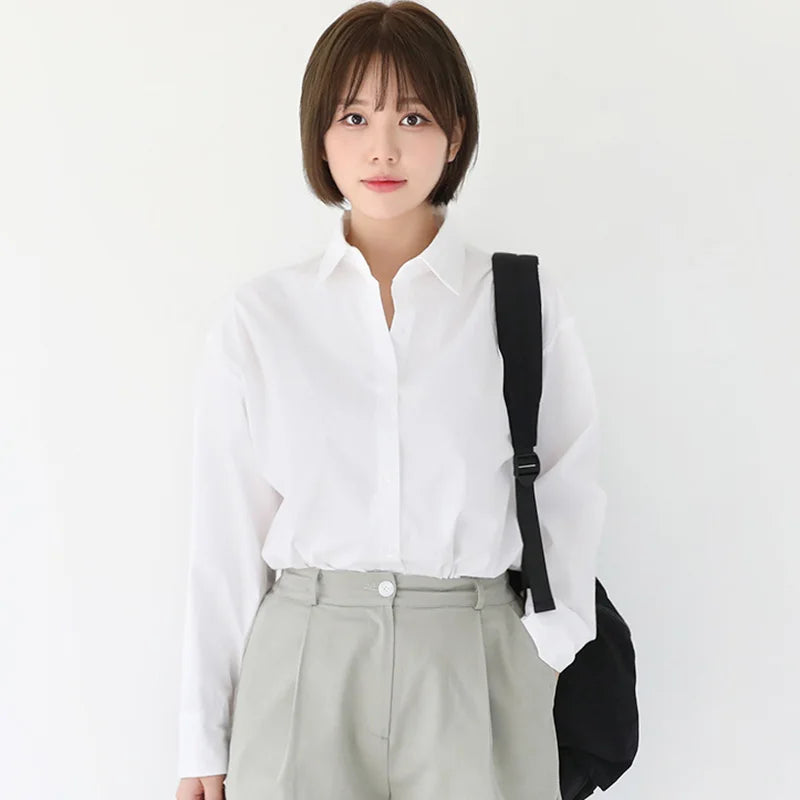 Women's Casual Loose Fit Long Sleeve Lapel Shirt 100 Percent Cotton Pure Color Versatile Layering Top for Spring and Autumn