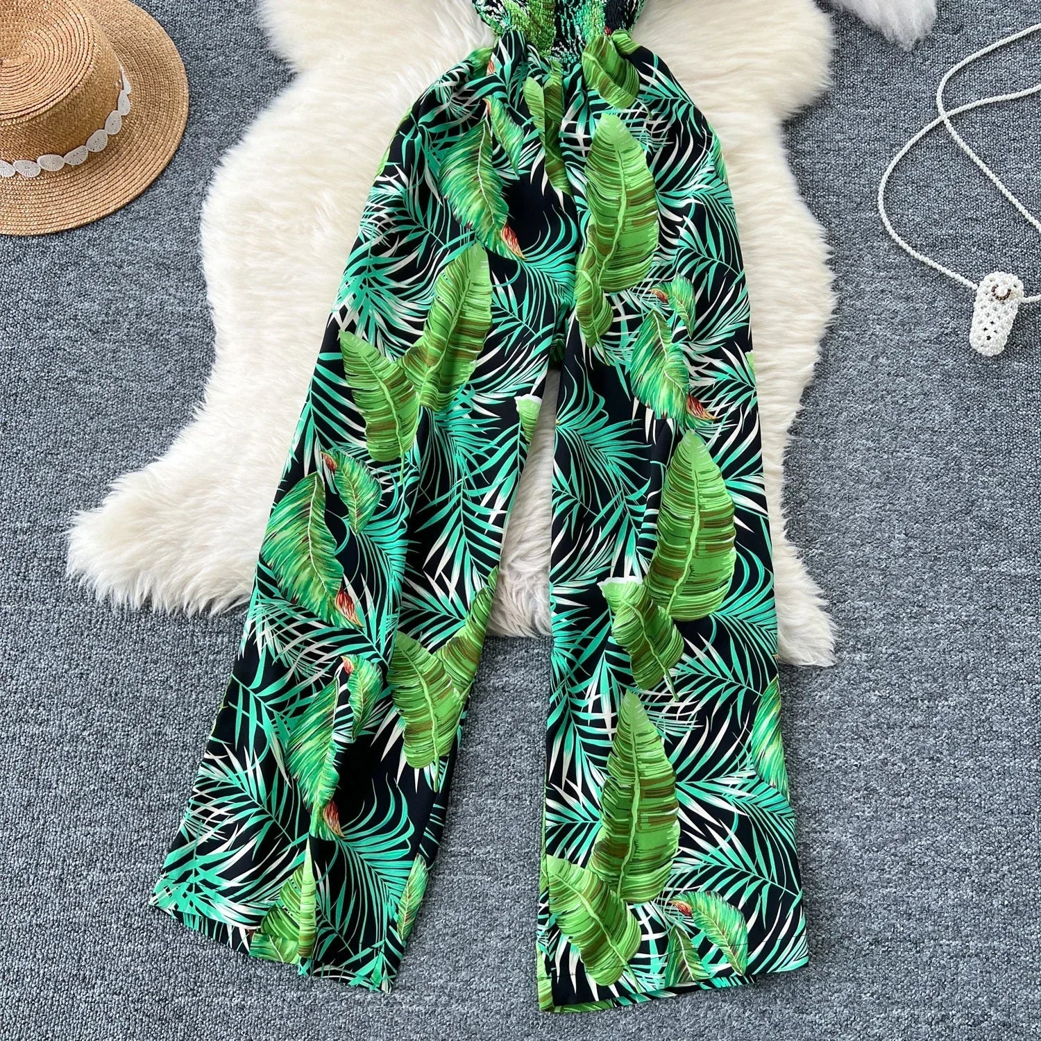 Square Neck Loose Pleated Jumpsuit with Ruffles Backless Design Wide Leg Long Pants Elegant Chic Printed Playsuit for Women