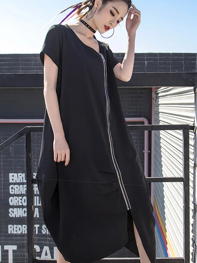 Black Zipper Dress For Women Elegant Casual Long Dress