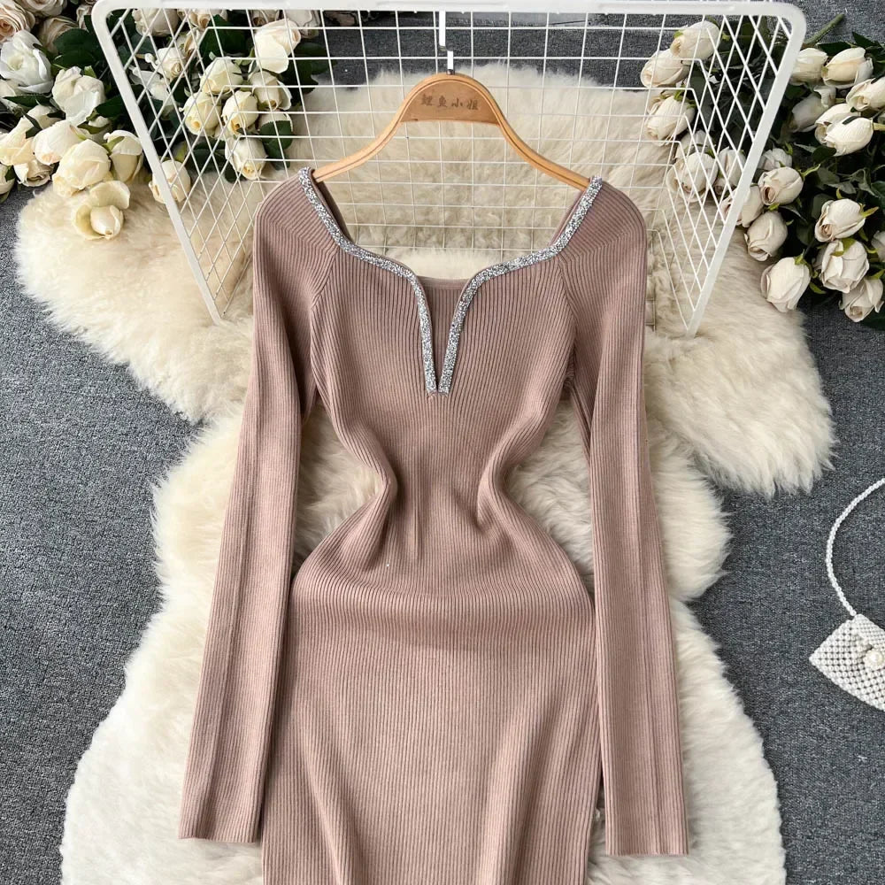 Knit Bodycon Dress For Women Long Sleeve Winter Sweater