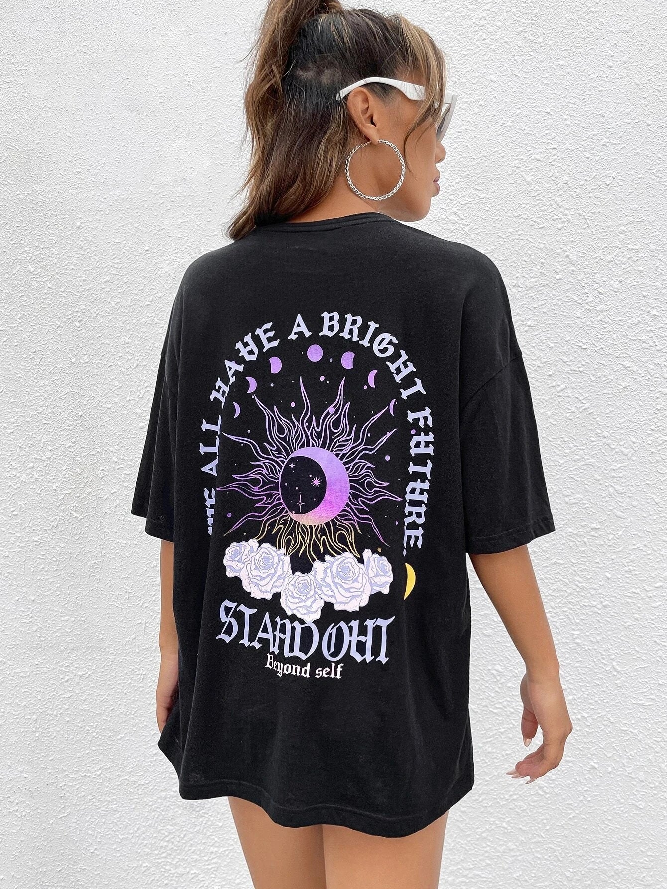 Sun And Moon Graphic Summer T-Shirt for Women Breathable Cotton Casual Short Sleeve O-Neck Tee