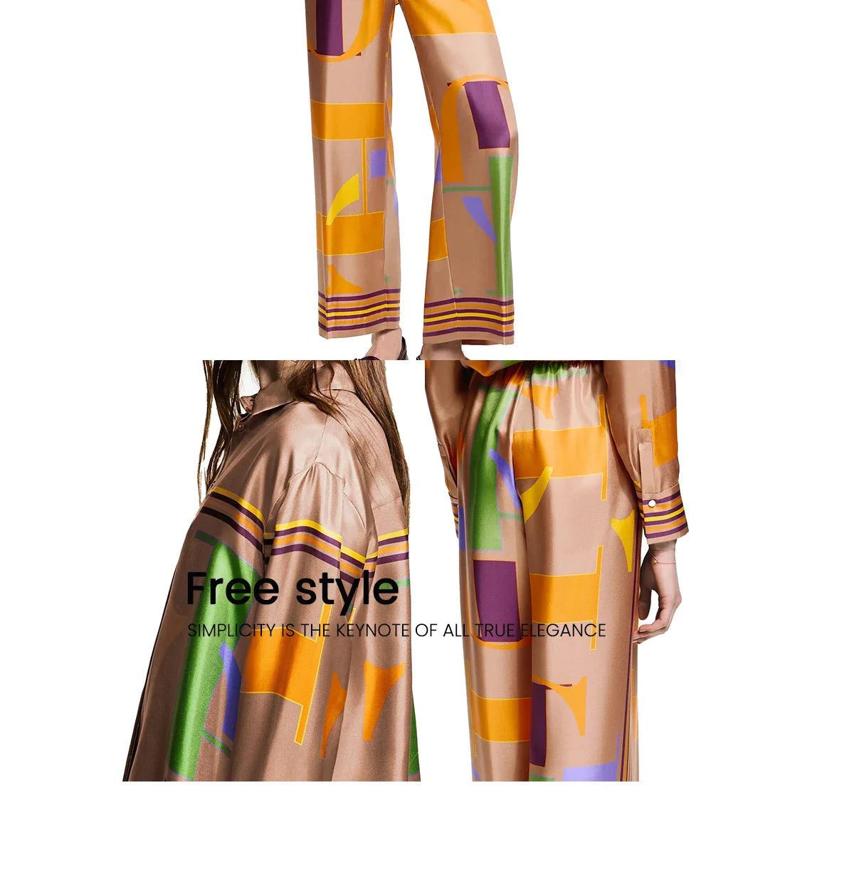 Loose Geometry Print Satin Two-Piece Set for Women with Wide Leg Trousers and Casual Tops
