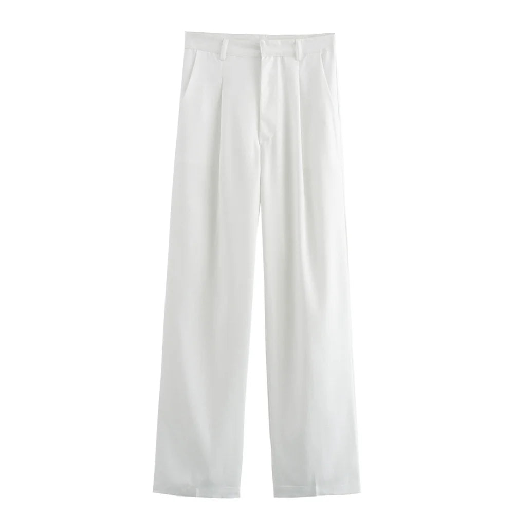 Women's Fashion Casual Double Pocket Coat and High Waist Wide Leg Pants Set