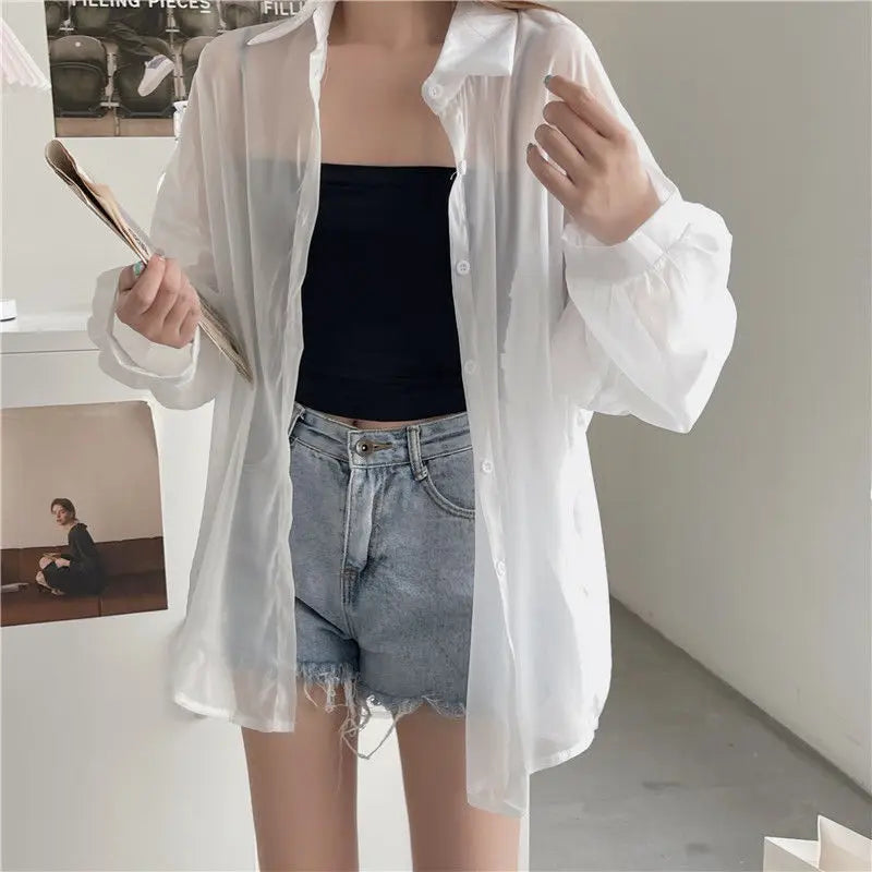 Women's Chiffon Long Sleeve Blouse Loose Fit Thin Cardigan Casual Solid Color Top