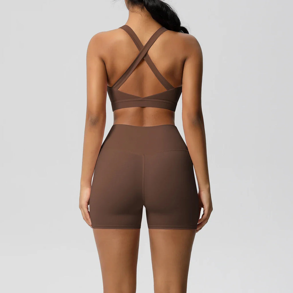 2PCS Pocketed Yoga Set for Women with Crossover Bra and Gym Leggings Workout Tracksuit Sports Shorts Activewear