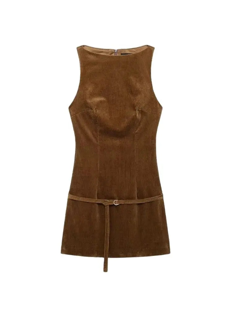 Corduroy Mini Dress With Belt O Neck Sleeveless Back Zipper