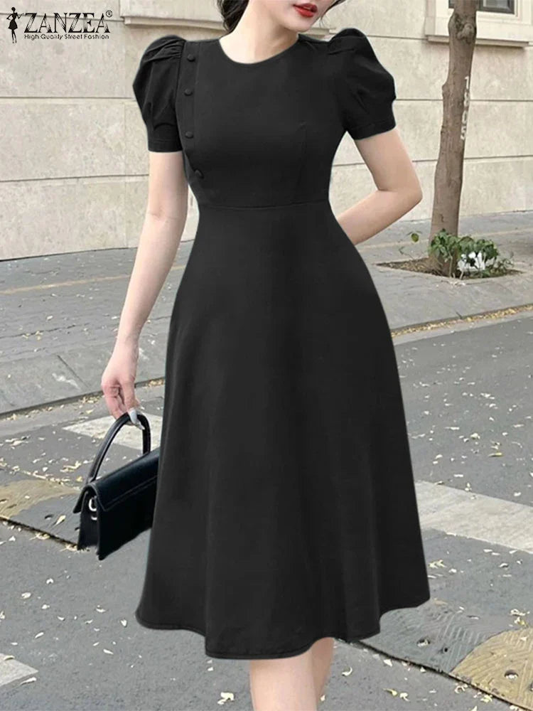 Elegant Short Puff Sleeve A Line Sundress for Office