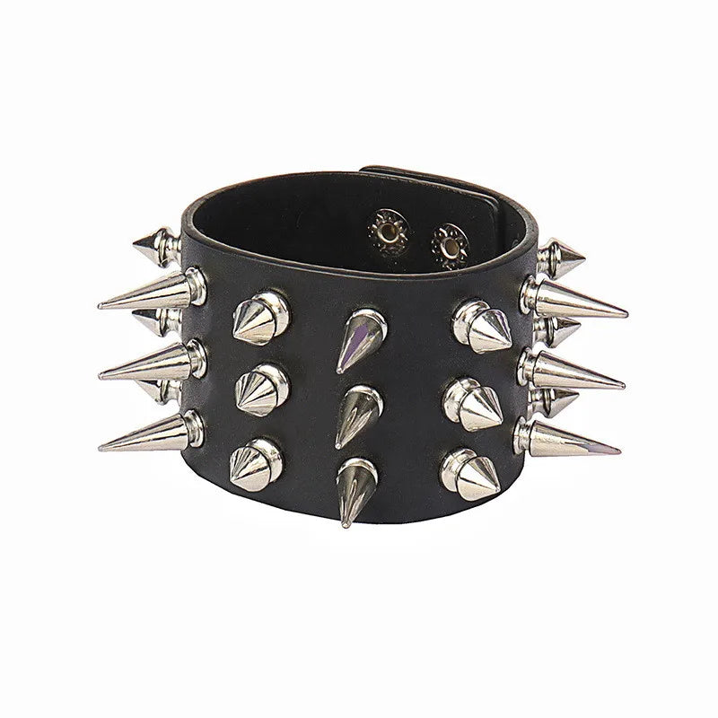 90s Fashion Punk Style Spiked PU Leather Bracelet with Square Studs and Multi-Row Design