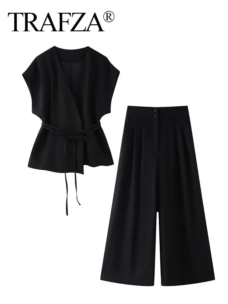 Summer Women's Casual Two-Piece Suit with Lace-Up Tank Top and Pleated Loose Trousers