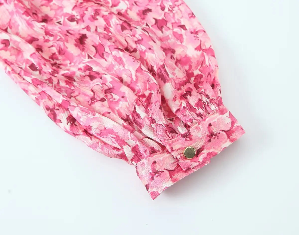 Floral Print Midi Dress V Neck Long Sleeve With Waist Tie