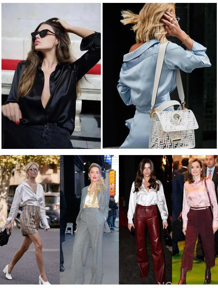 Women Satin Silk Shirt 93% Mulberry Silk 7% Spandex 19 Momme Classic Long Sleeve Blouse Solid Color Office Top for Women M L XL XXL