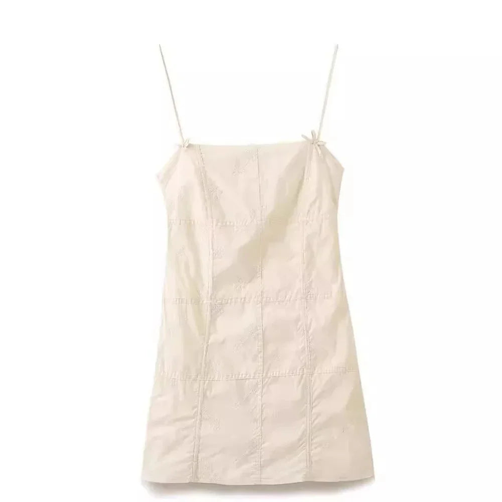 Floral Embroidery Bow Slip Mini Dress With Spaghetti Straps