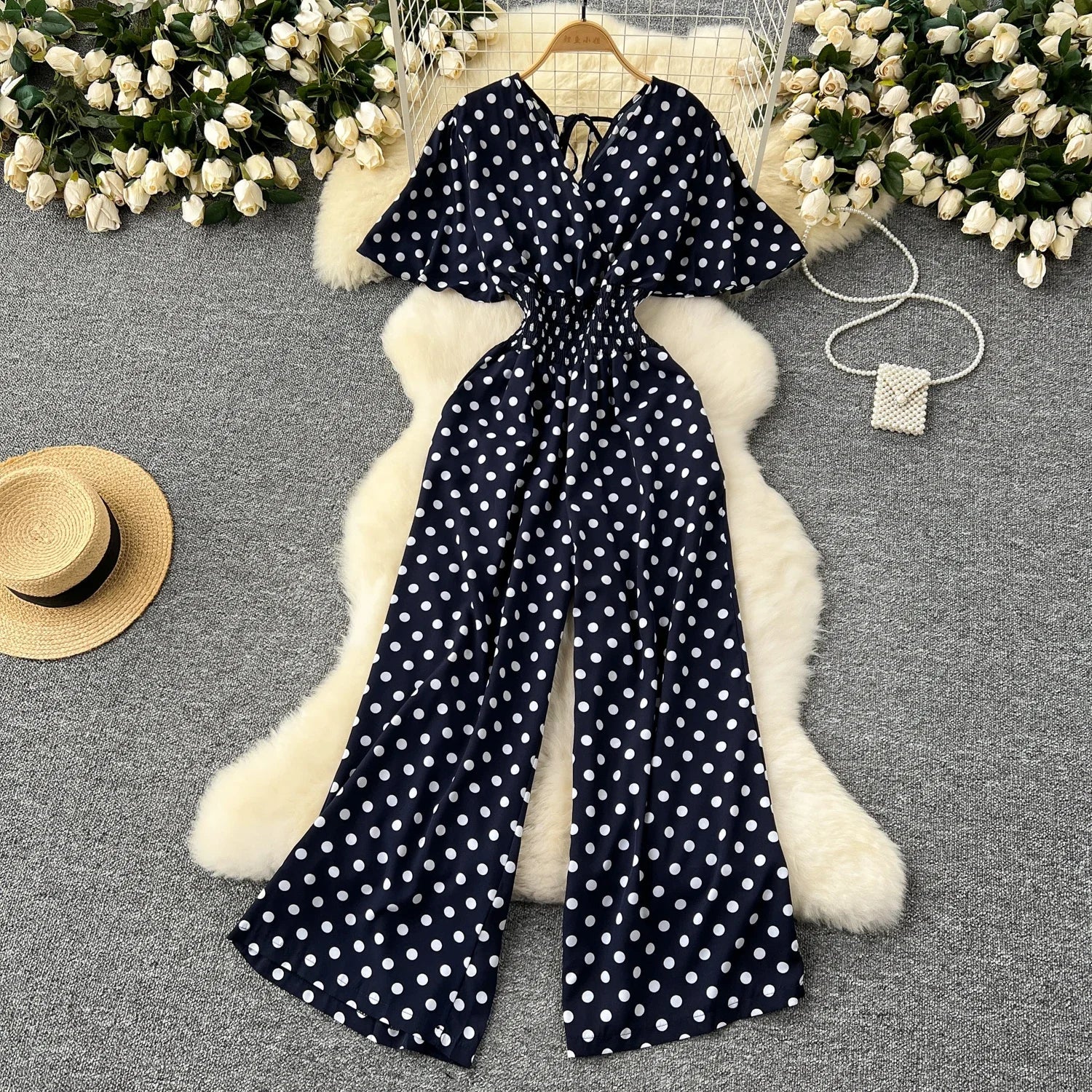 Polka Dot Romper Jumpsuit Women V Neck High Waist Wide Leg