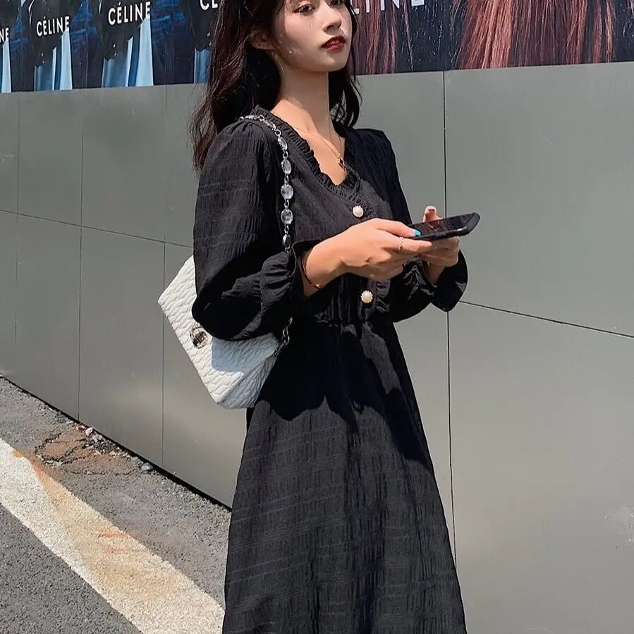 Plus Size Midi Dress Button Front Retro Long Sleeve