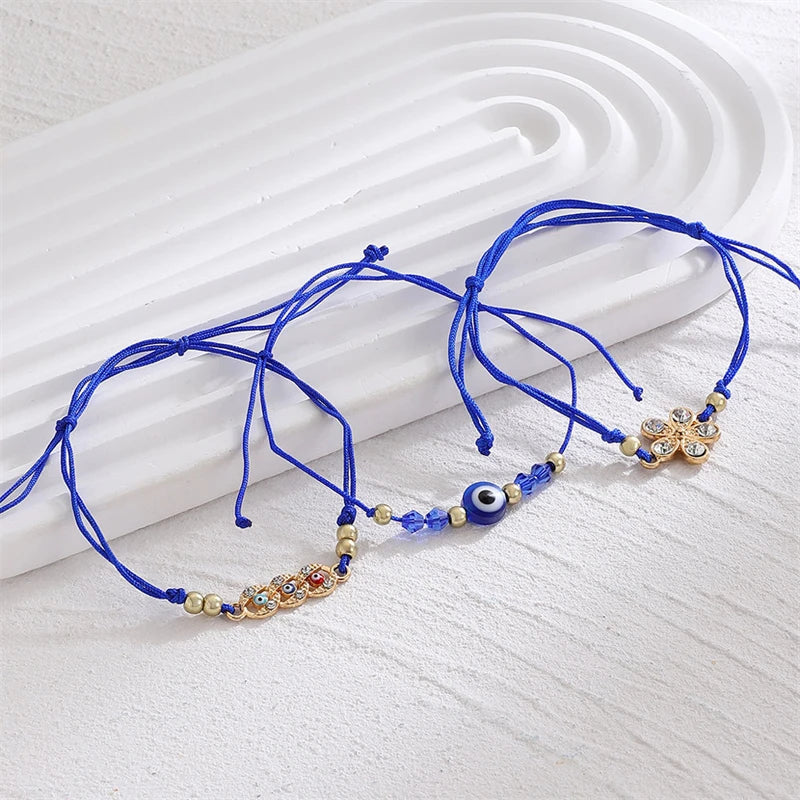 3 Pieces Lucky Turkish Blue Evil Eye Bracelets with Fatima Hand Hamsa and Butterfly Charm Handmade Jewelry