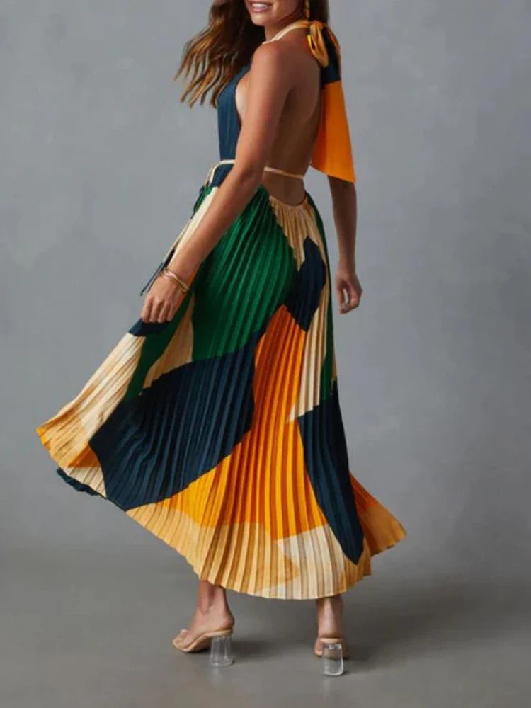 Elegant Backless Pleated Printed Dress For Summer Women