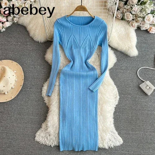 Long Sleeve Knitted Bodycon Dress For Women Autumn Retro