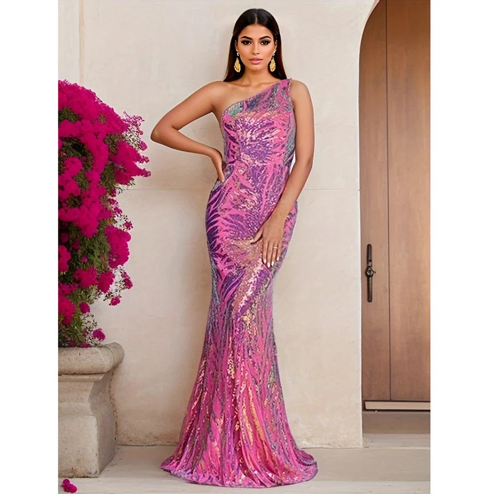 One Shoulder Sequined Maxi Dress For Party Evening Gown
