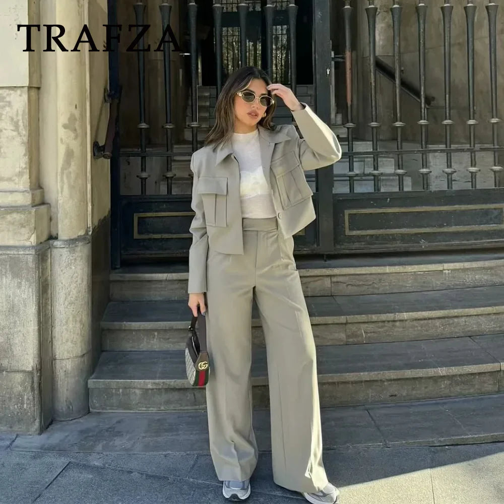 Casual Women Solid Suit Set with Pockets Turn Down Collar Short Jacket and Chic Wide Leg Pants for Spring and Summer Streetwear