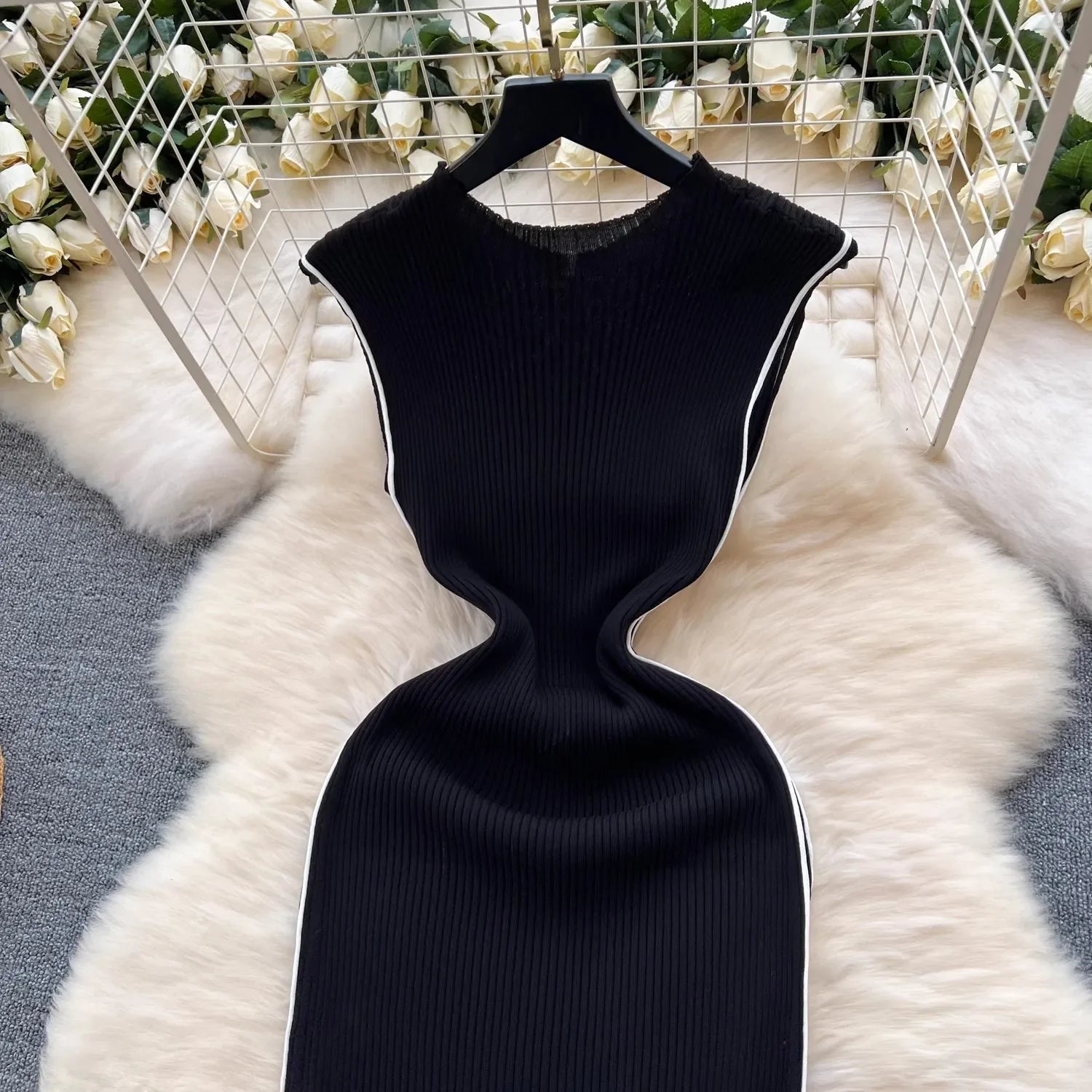 Colorblock Knitted Sleeveless Wrap Dress For Women Slim Tank