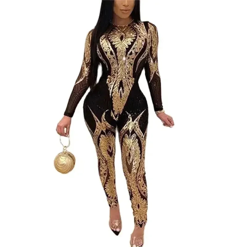 Sexy Sheer Mesh Patterned Jumpsuit for Women Slim Fit Pencil Trousers Romper One-Piece Party Clubwear Night Out Pants