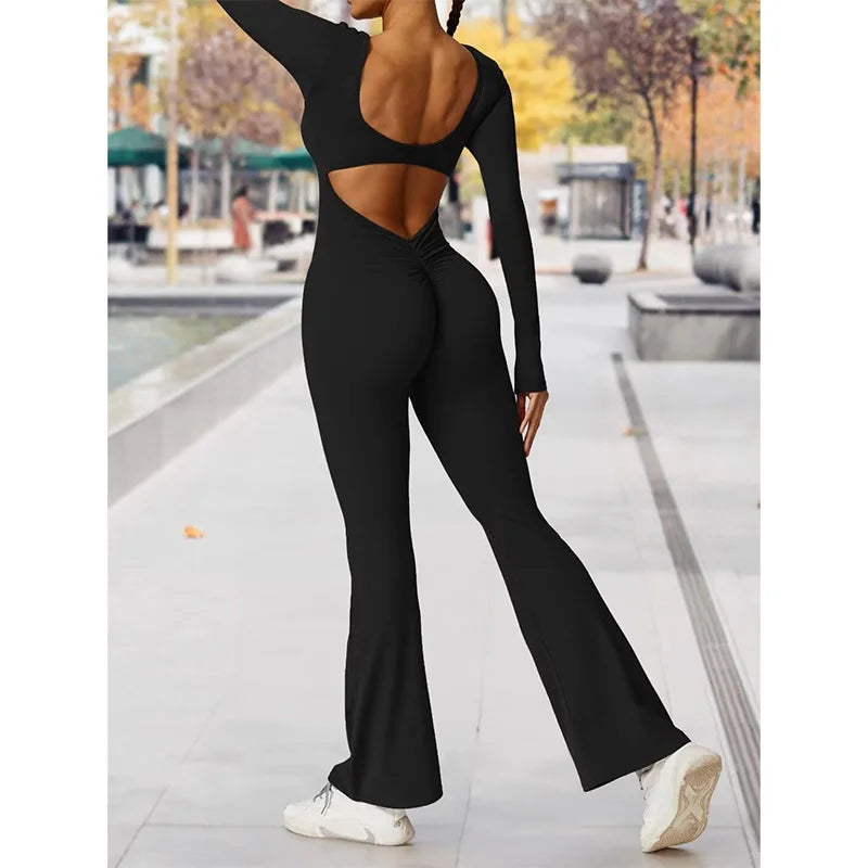 Long Sleeved U-Neck Tight Fit Backless Jumpsuit for Autumn and Winter Yoga Sports and Leisure
