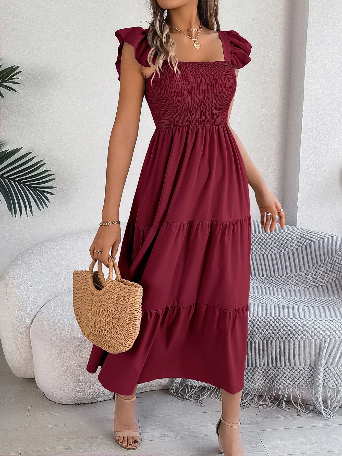 Square Neck Maxi Dress for Women Solid Summer Color