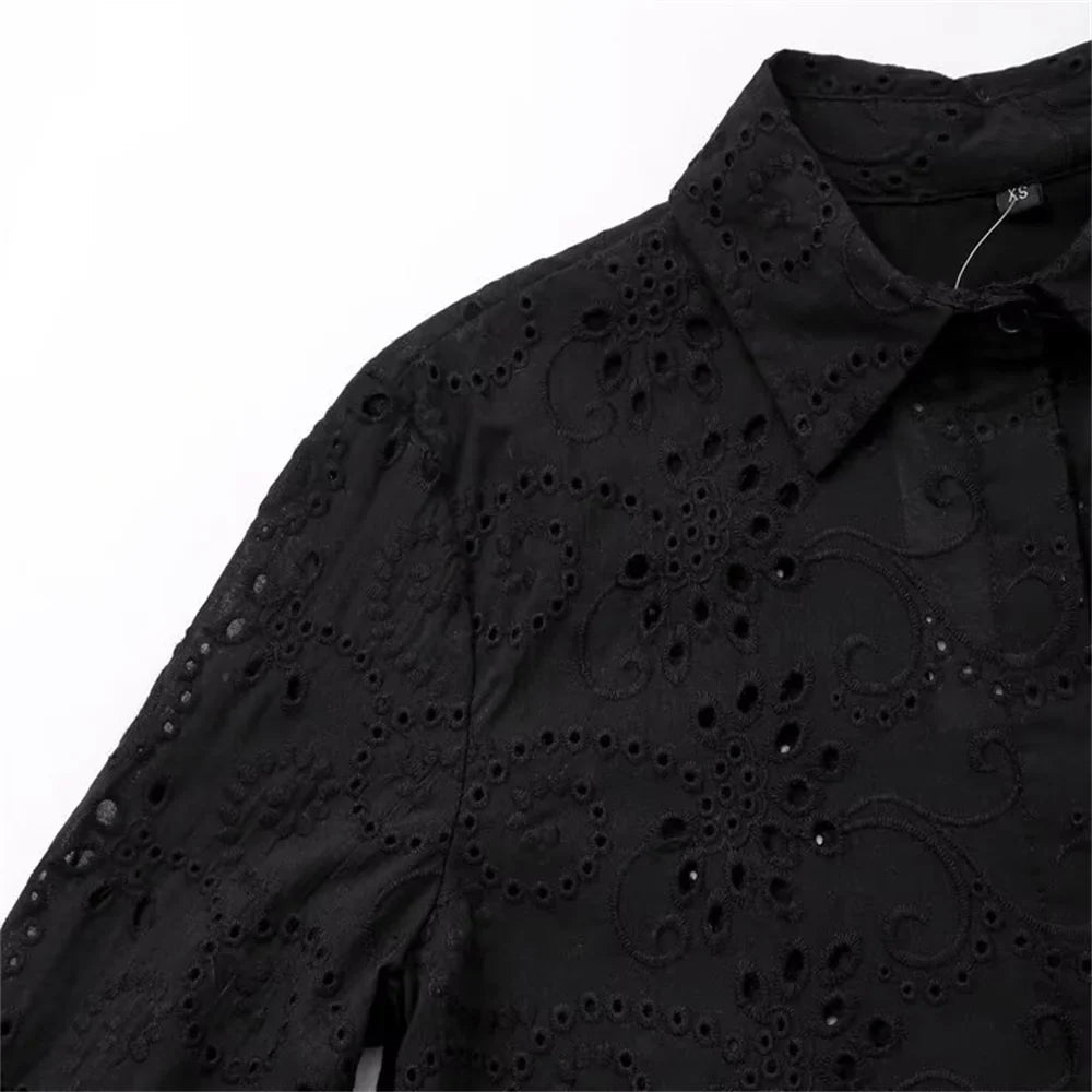 Women's Autumn Hollow Embroidery Poplin Lapel Single Breasted Shirt Stylish Slim Fit Office Casual Blouse