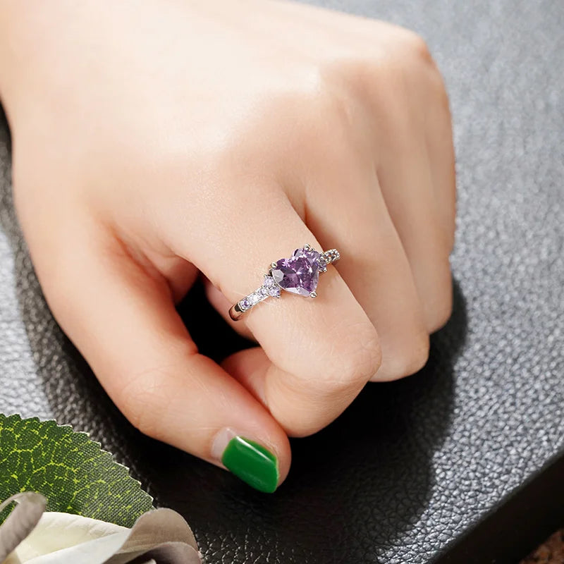 Purple Heart Cubic Zirconia Engagement Ring for Women Unique Wedding Jewelry Romantic Gift