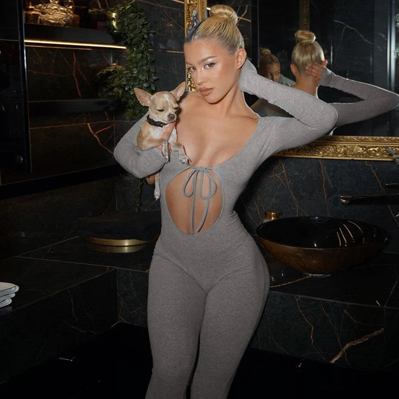 Solid V Neck Long Sleeve Hollow Out Lace Up Sexy Bodycon Jumpsuit Women's Fashion Streetwear Sporty Romper Overalls for Fall