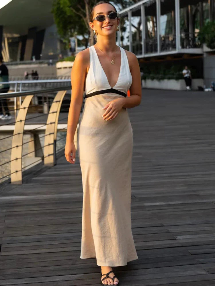 Backless Halter Party Dress With V Neck Patchwork Long Gown