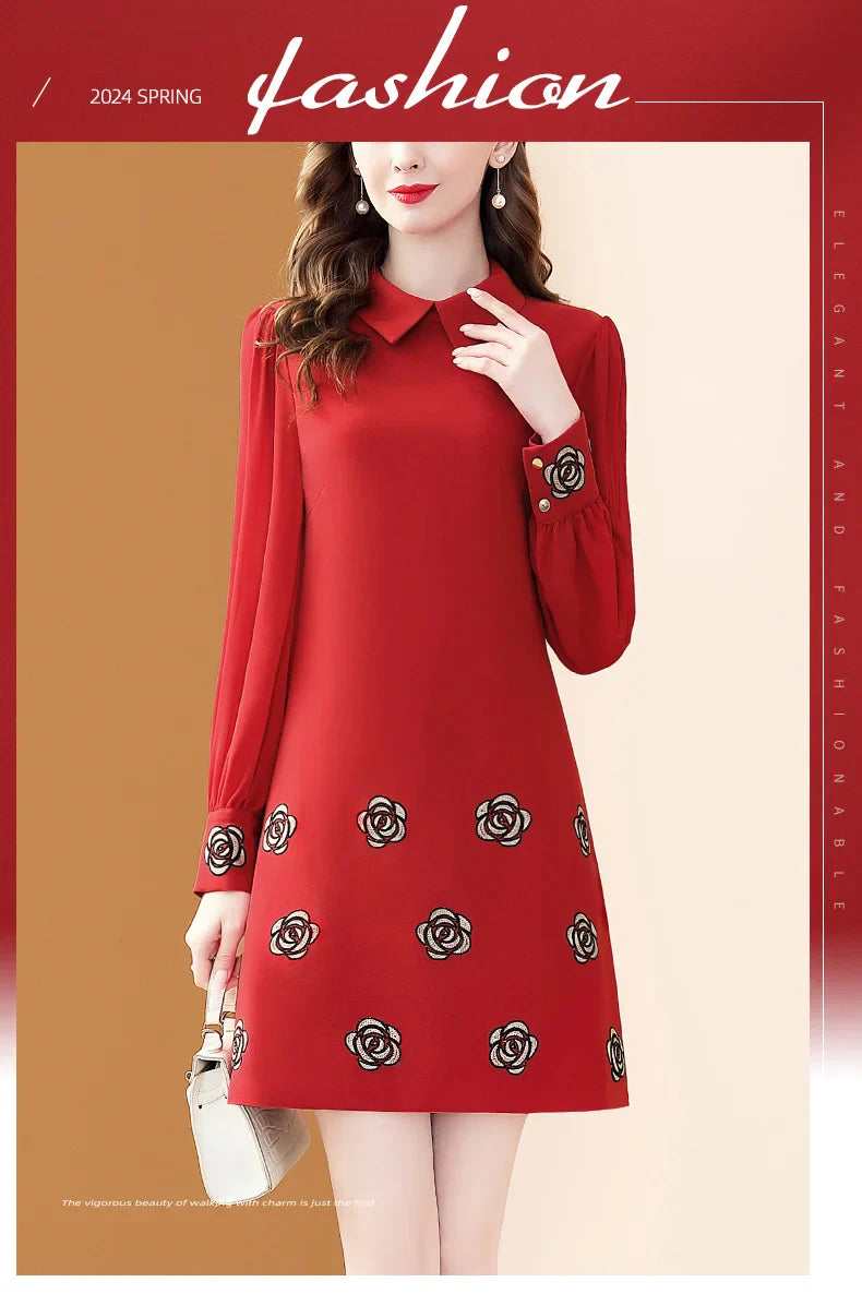 Floral Embroidery Chiffon Dress With Polo Collar For Office