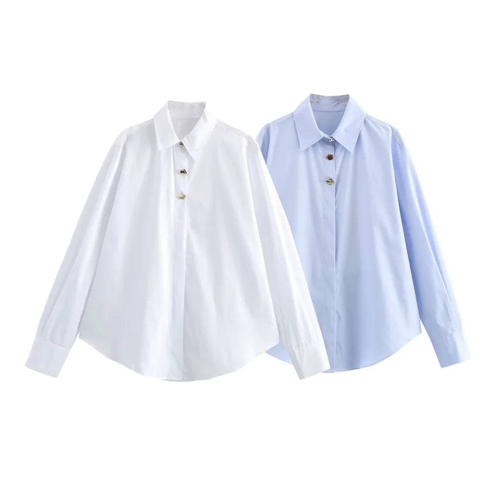 Women's Casual Long Sleeve Shirt Loose Fit Button Detail Poplin Collar Versatile Simple Everyday Style
