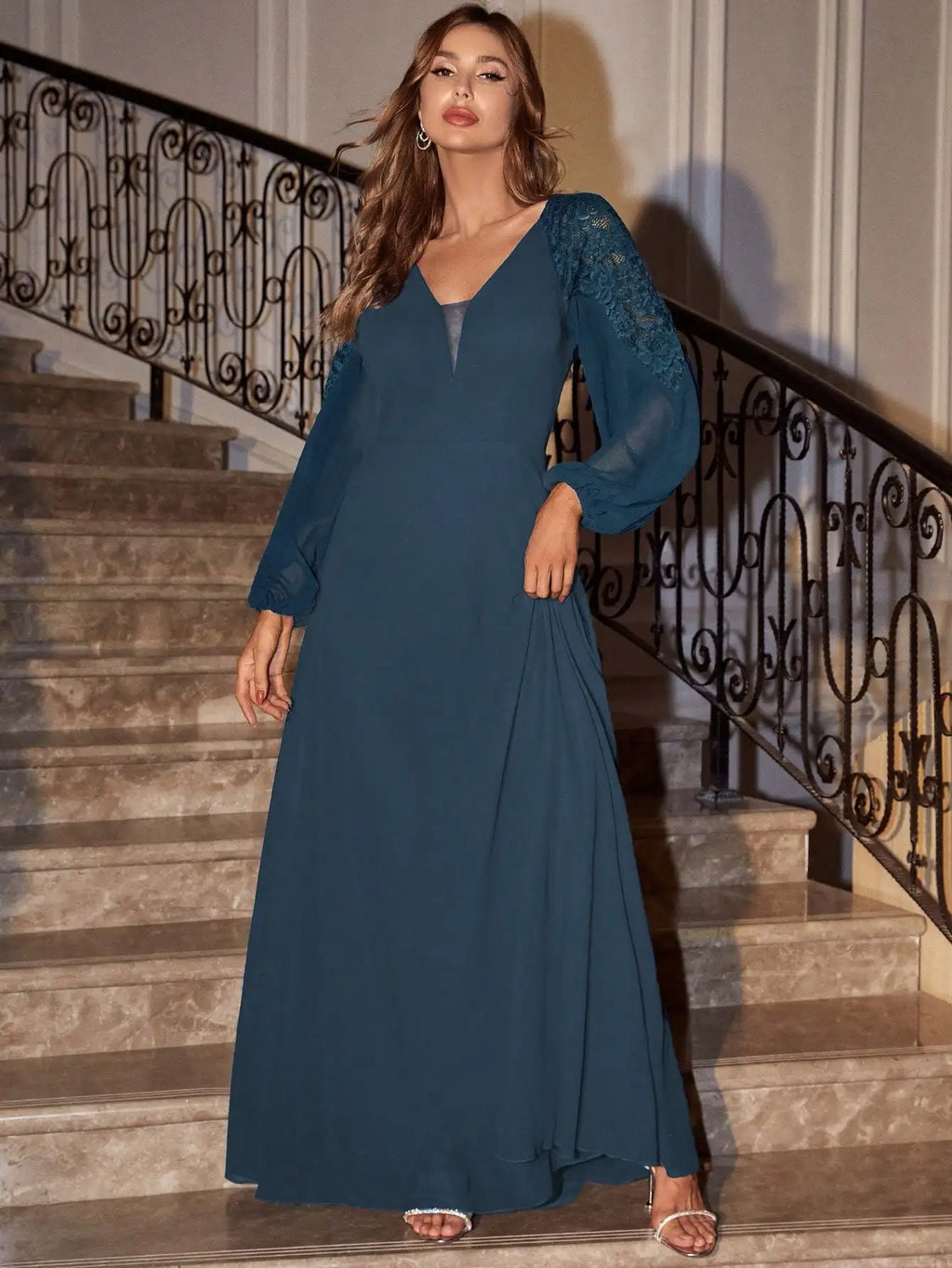 V Neck Chiffon Lace Patchwork Evening Ball Gown For Party