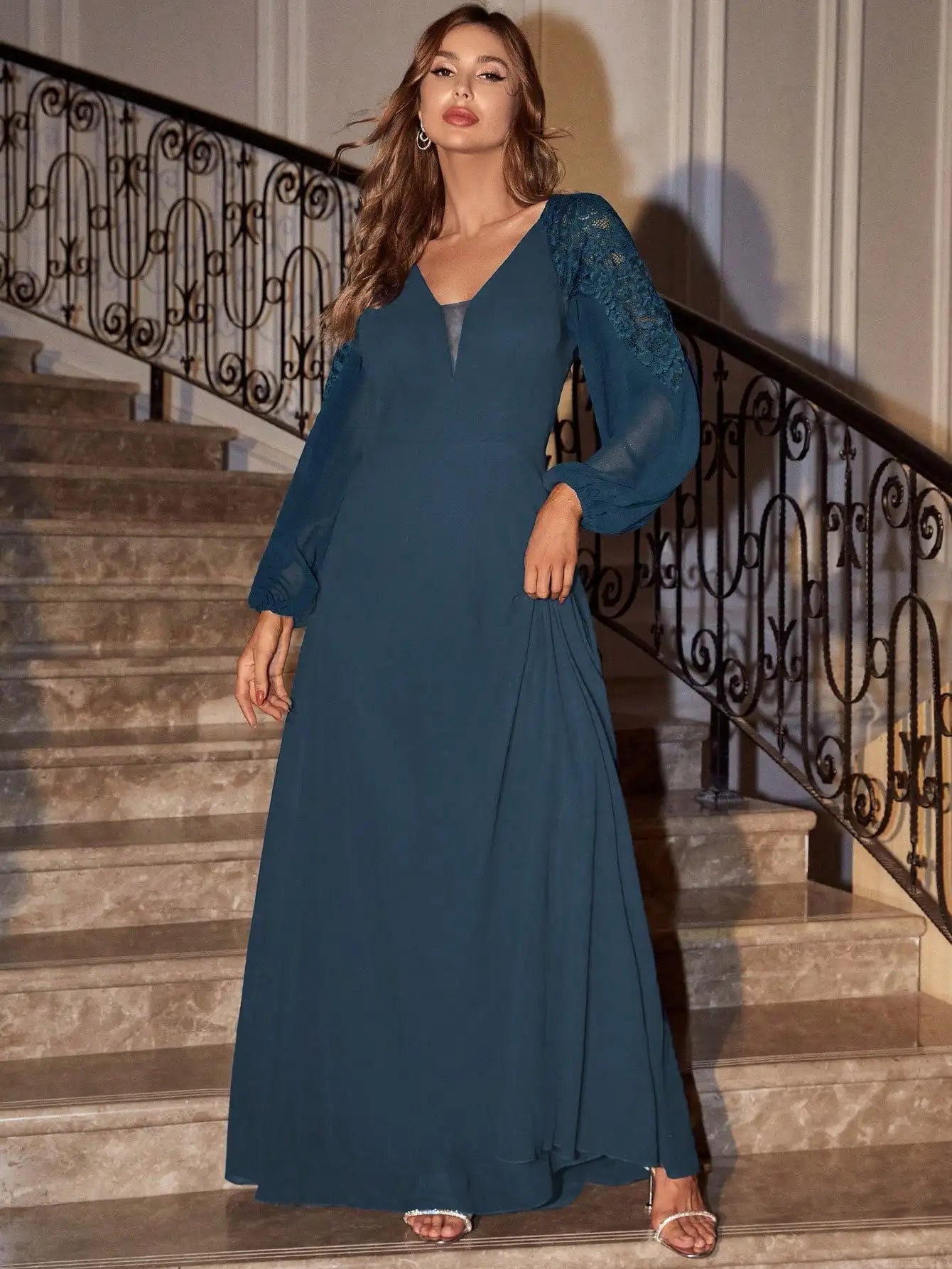 V Neck Chiffon Lace Patchwork Evening Ball Gown For Party