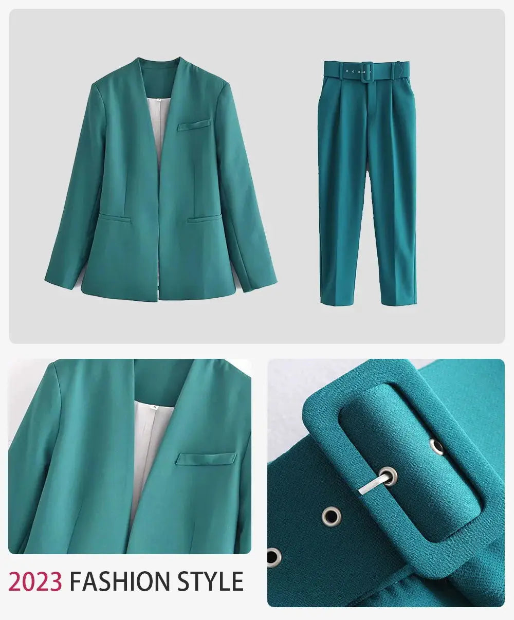 Women's Solid Color Office Suit Coat and High Waist Ankle-Length Pants Set