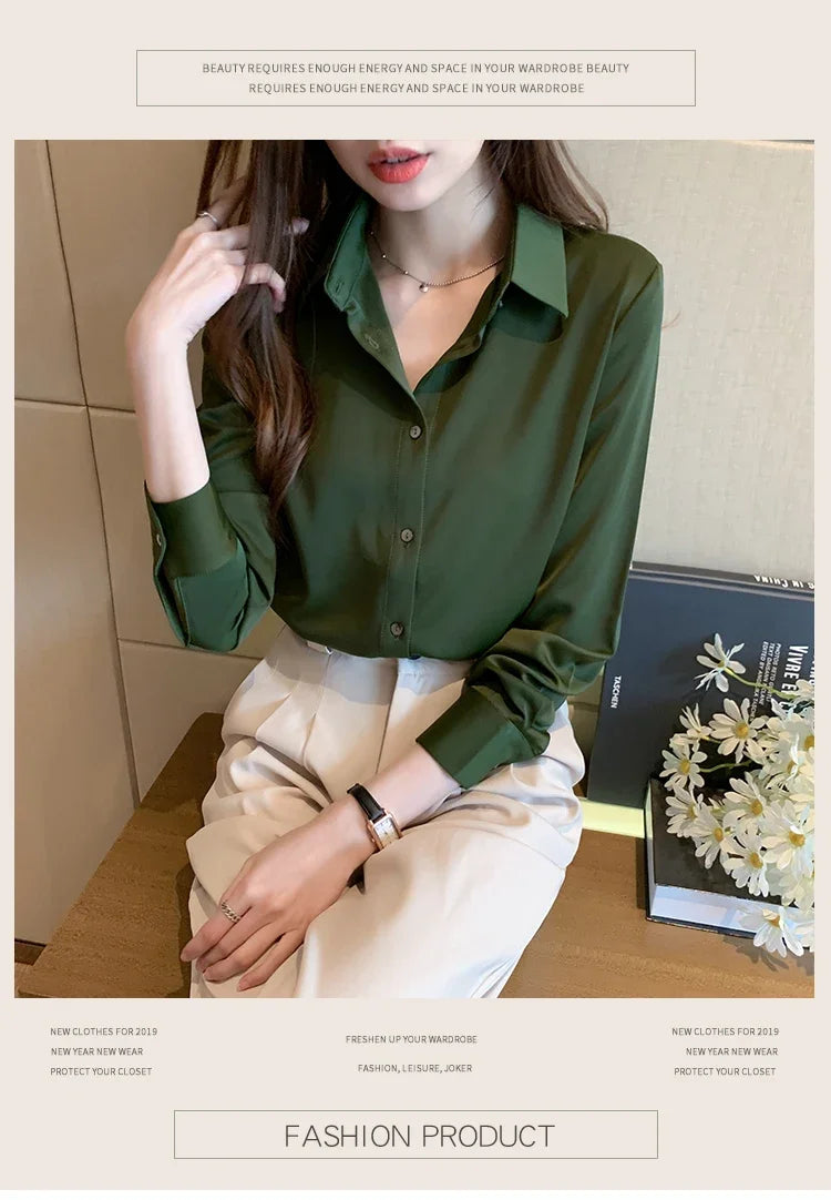 Elegant Satin Long Sleeve Blouse for Women Casual Office Shirt Solid White Basic Top
