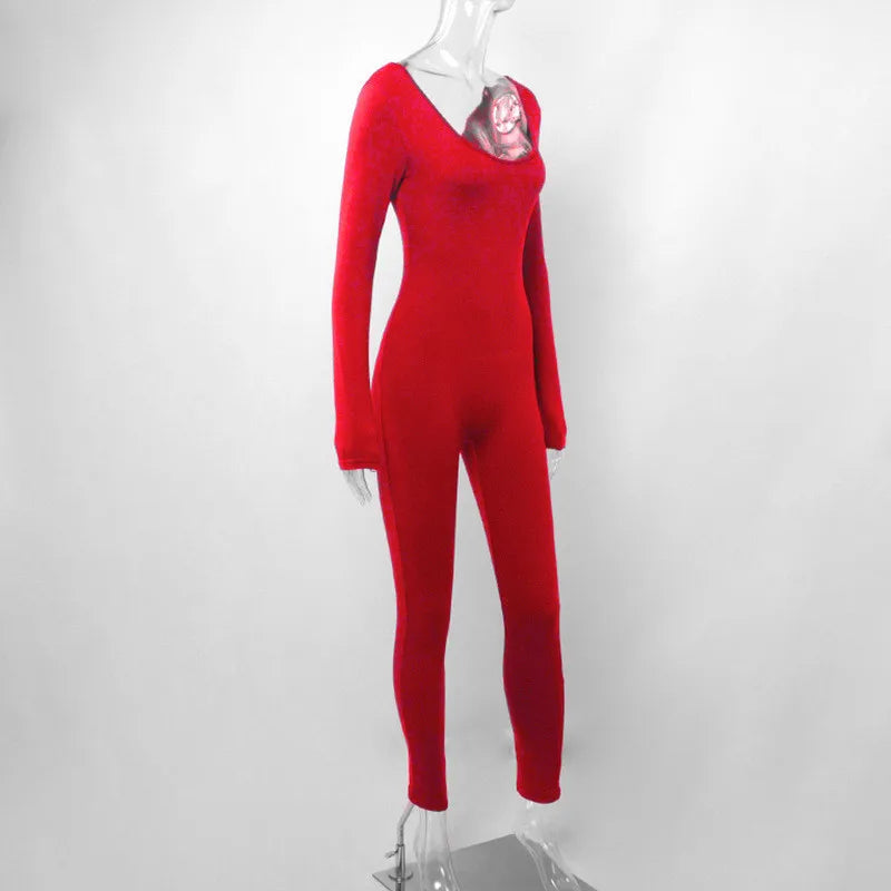 Women's Black Long Sleeve Bodycon Jumpsuit Slim Fit Sexy Solid Romper Casual Sporty Skinny Streetwear for Autumn Winter