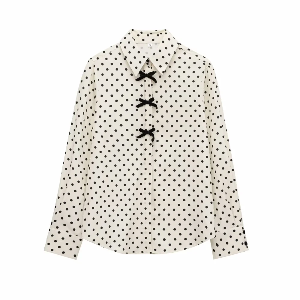 Women's Casual Long Sleeve Shirt with Butterfly Knot and Wave Point Pattern Single Breasted Stylish Blouse