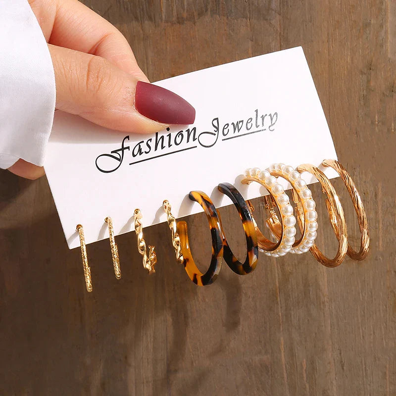 Gold Vintage Pearl Geometry Earrings Set for Women - Simple Trendy Dangle Jewelry