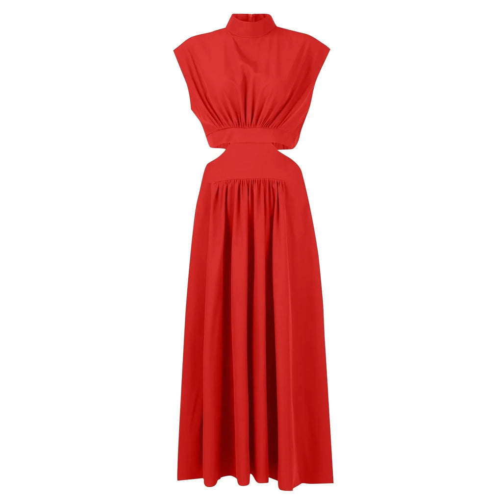 Solid Color High Waist Maxi Dress Sleeveless With Pockets