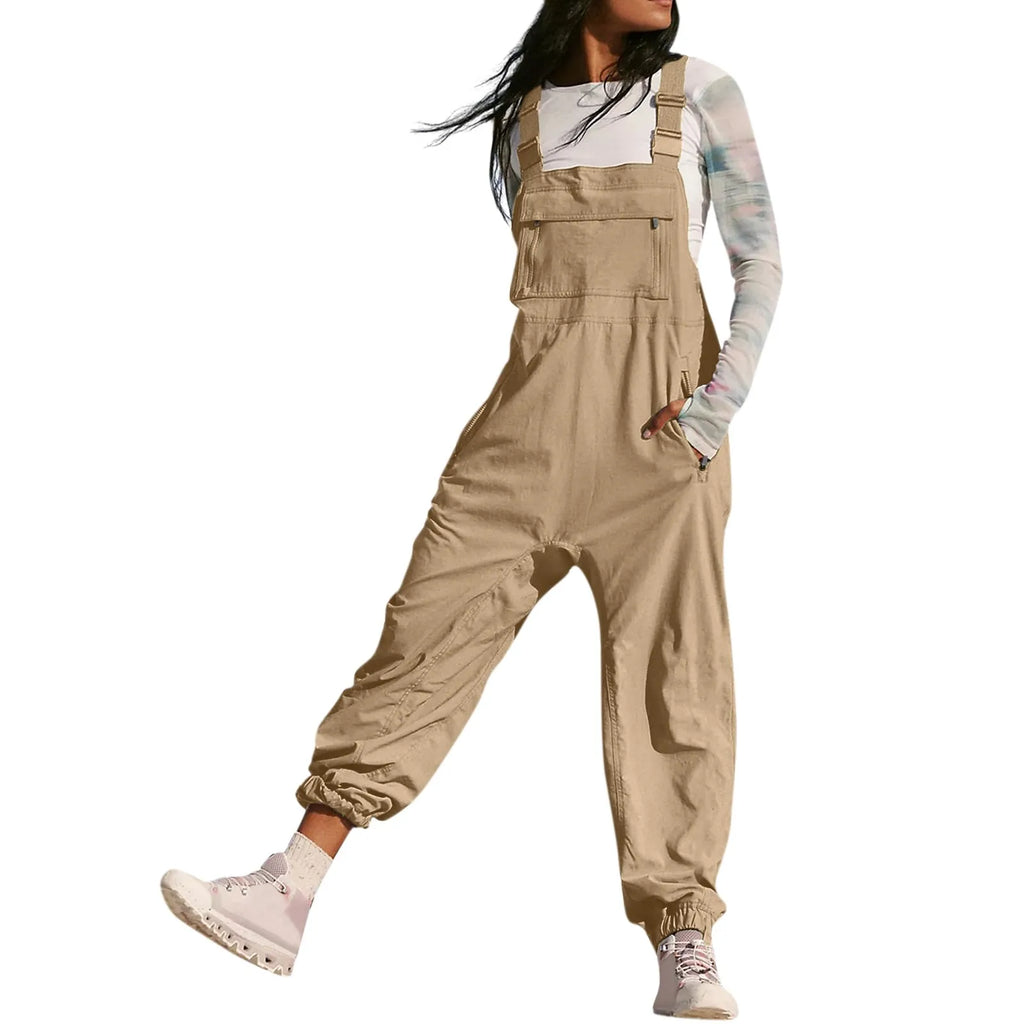 Women's Summer Casual Loose Wide Leg Jumpsuit with Adjustable Straps Pockets and Retro Button Detail Solid Color Sleeveless Overalls