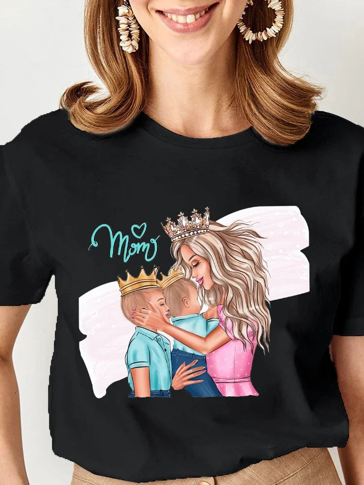 Women Cartoon Super Mom Life Graphic T-Shirt Summer Print Tee for Moms