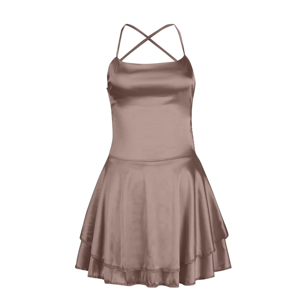 Backless Satin Party Dress With Cowl Neck Spaghetti Straps