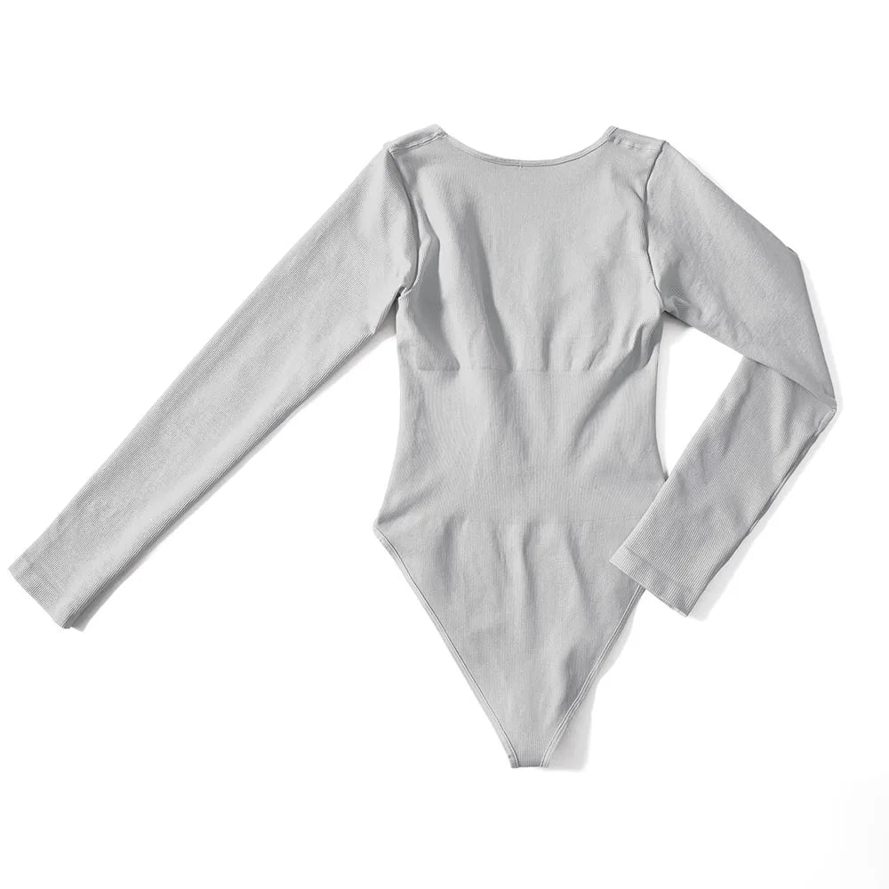 Sexy Long Sleeve Bodysuit for Women Skinny Bodycon V-Neck Push Up Romper Streetwear Jumpsuit